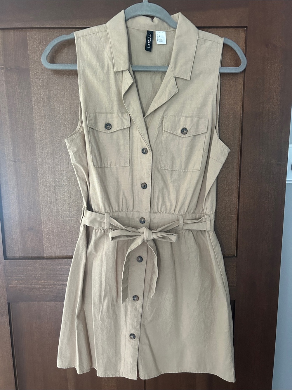 H&M-Sleeveless Button-Front Belted Shirt Dress in Khaki
